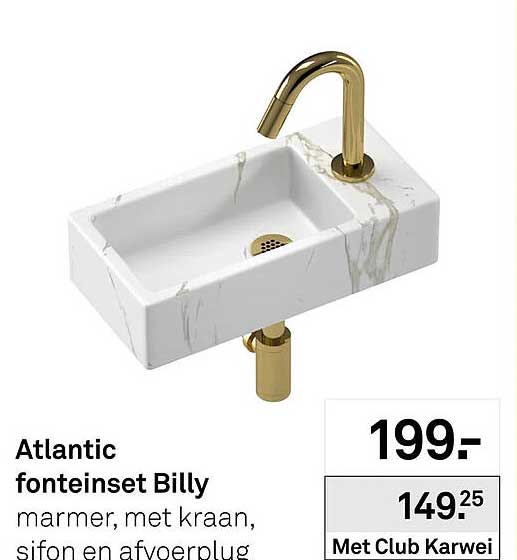 Atlantic fonte inset Billy marmer, met kraan, sifon en afvoerplug