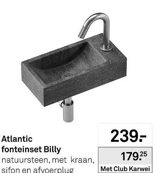 Atlantic fonteinset Billy natuursteen, met kraan, sifon en afvoerplug