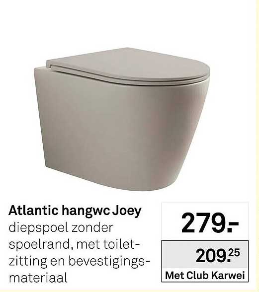 Atlantic hangwc Joey diepspoel zonder spoelrand, met toilet-zitting en bevestigings-materiaal