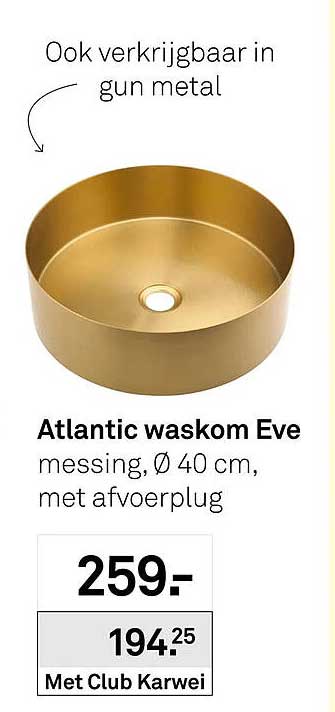 Atlantic waskom Eve messing, Ø 40 cm, met afvoerplug