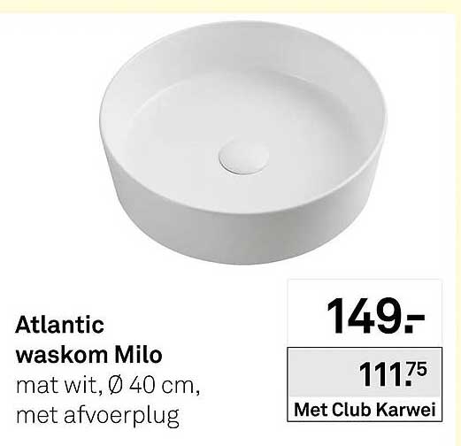 Atlantic waskom Milo mat wit, Ø 40 cm, met afvoerplug