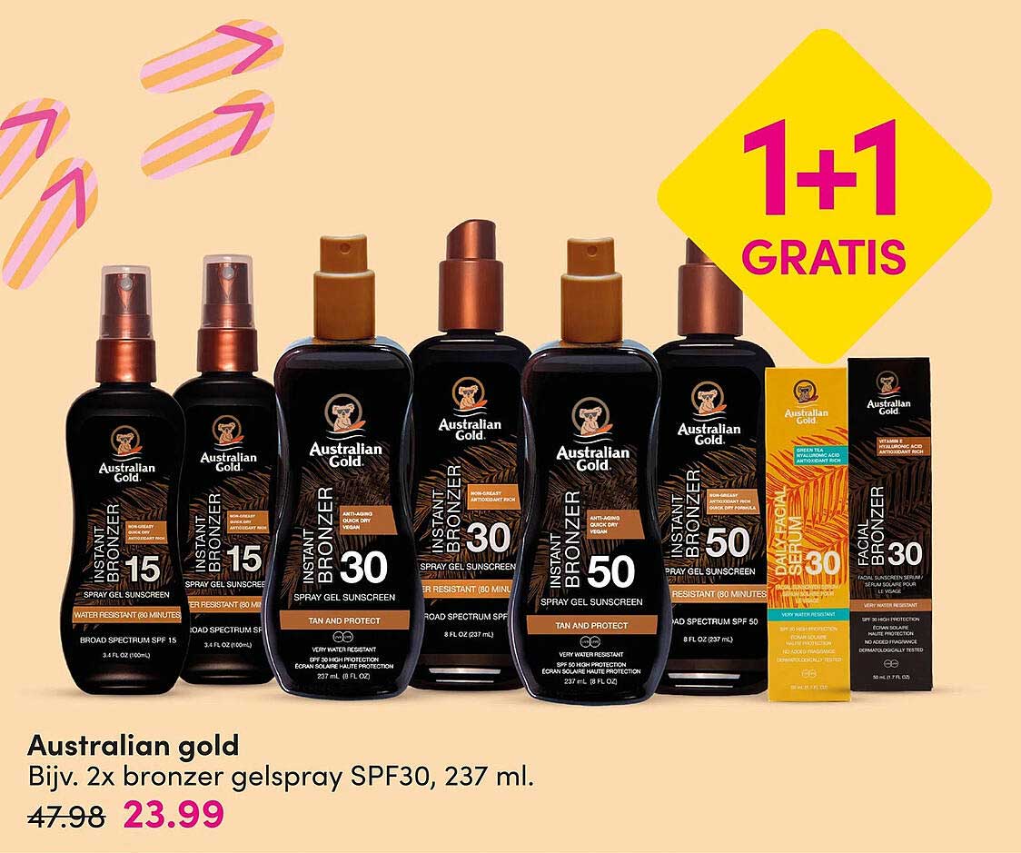 Australian gold - Bijv. 2x bronzer gelspray SPF30, 237 ml. 1+1 gratis