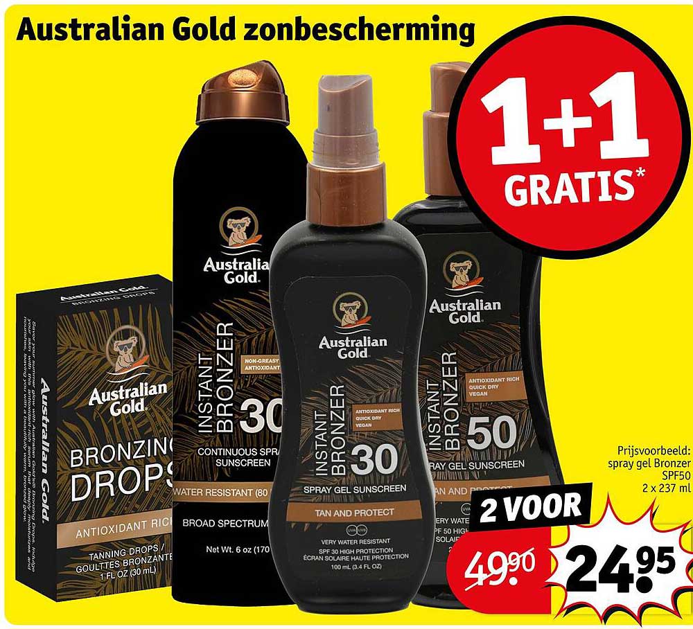 Australian Gold zonbescherming 2 voor 24.95 1+1 gratis