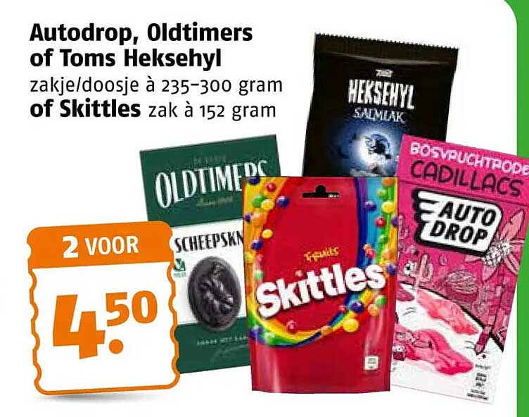 Autodrop, Oldtimers of Toms Heksehyl zakje/doosje à 235-300 gram of Skittles zak à 152 gram