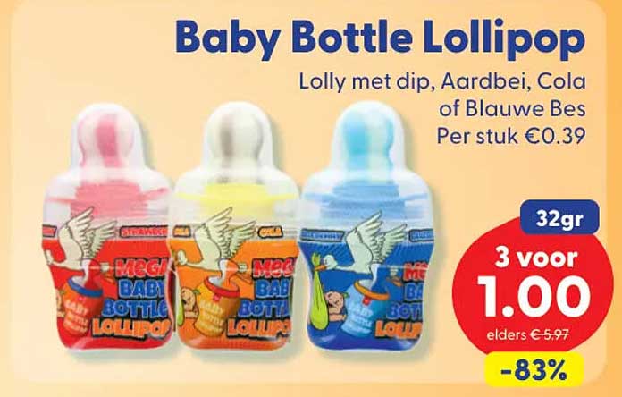 Baby Bottle Lollipop - Lolly met dip, Aardbei, Cola of Blauwe Bes Per stuk €0.39 3 voor 1.00 -83%