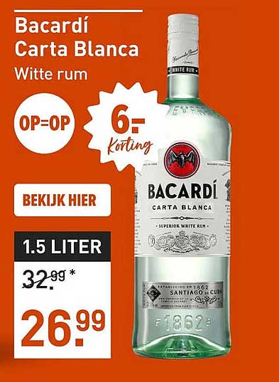 Bacardí Carta Blanca Witte rum OP=OP 6= korting