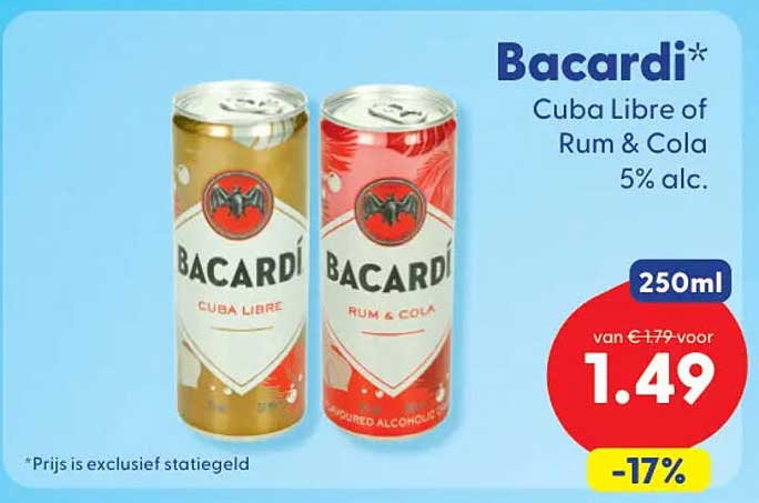 Bacardi Cuba Libre of Rum & Cola 5% alc. 250ml -17%