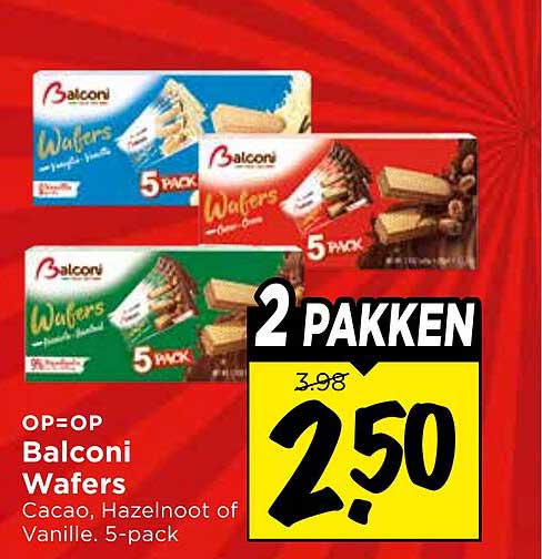 Balconi Wafers Cacao, Hazelnoot of Vanille. 5-pack 2 pakken