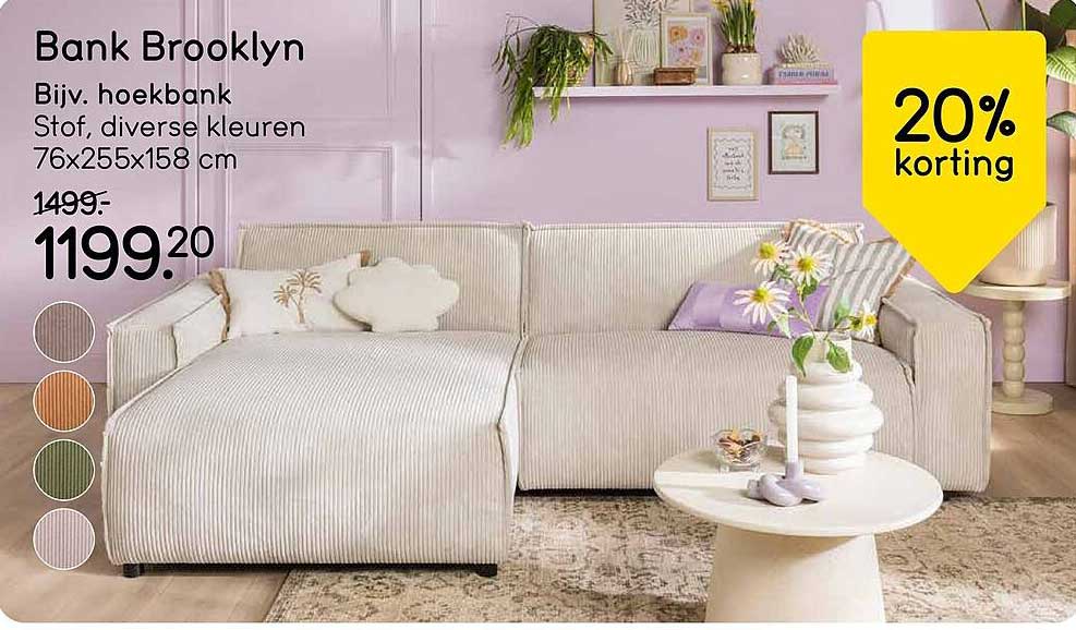 Bank Brooklyn Biv. hoekbank Stof, diverse kleuren 76x255x158 cm 20% korting