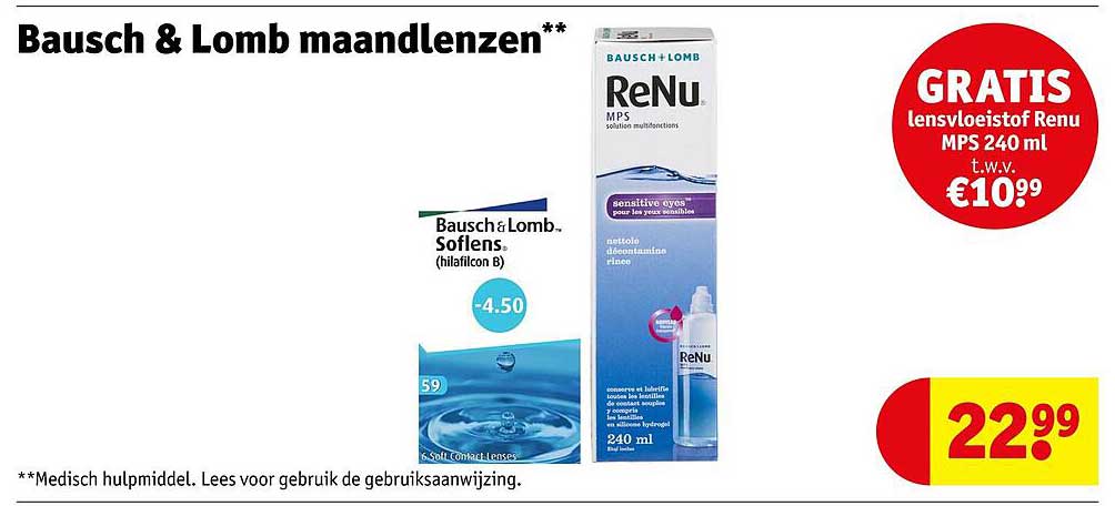 Bausch & Lomb maandlenzen** GRATIS lensvloeistof Renu MPS 240 ml t.w.v. €10,99