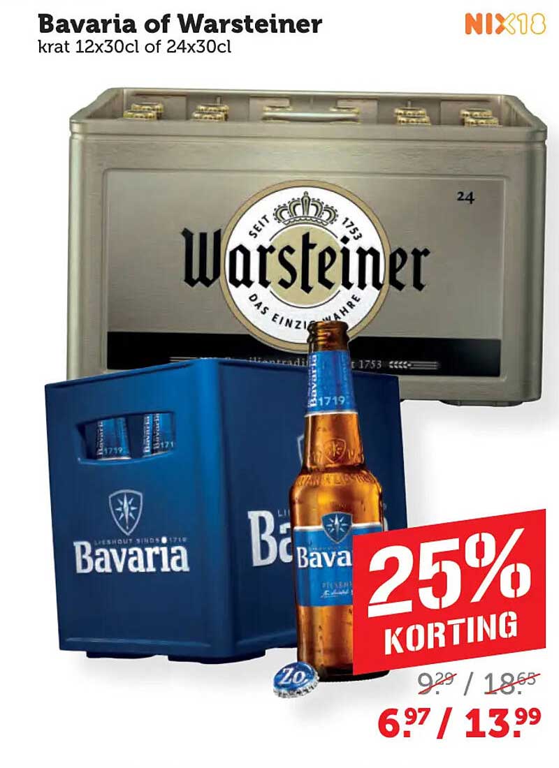 Bavaria of Warsteiner krat 12x30cl of 24x30cl 25% korting