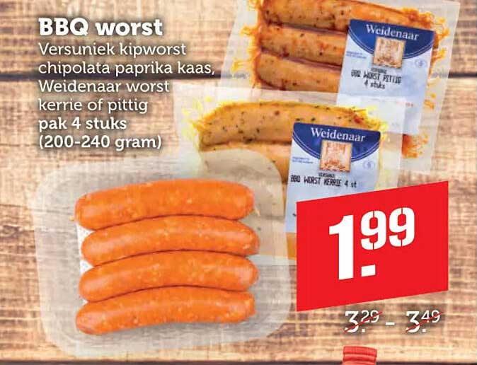 BBQ worst Versunie k kipworst chipolata paprika kaas, Weidenaar worst kerrie of pittig pak 4 stuks (200-240 gram)