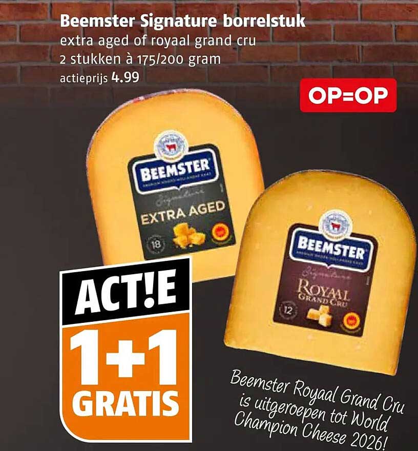 Beemster Signature borrelstuk extra aged of royaal grand cru 2 stukken à 175/200 gram ACT!E 1+1 GRATIS