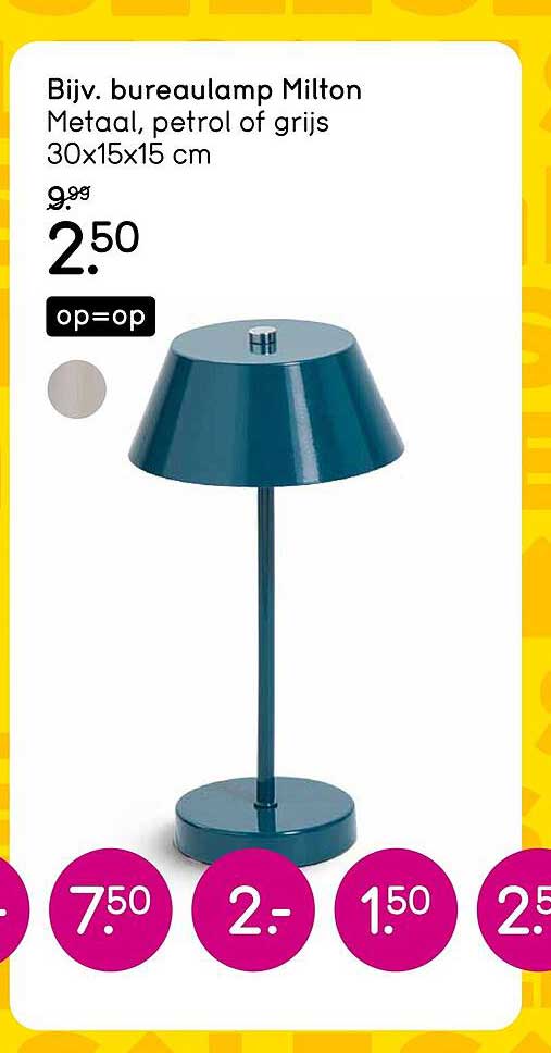 Bijv. bureaulamp Milton Metaal, petrol of grijs 30x15x15 cm op=op