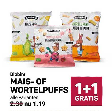 Biobim MAIS- OF WORTELPUFFS alle varianten 1+1 GRATIS