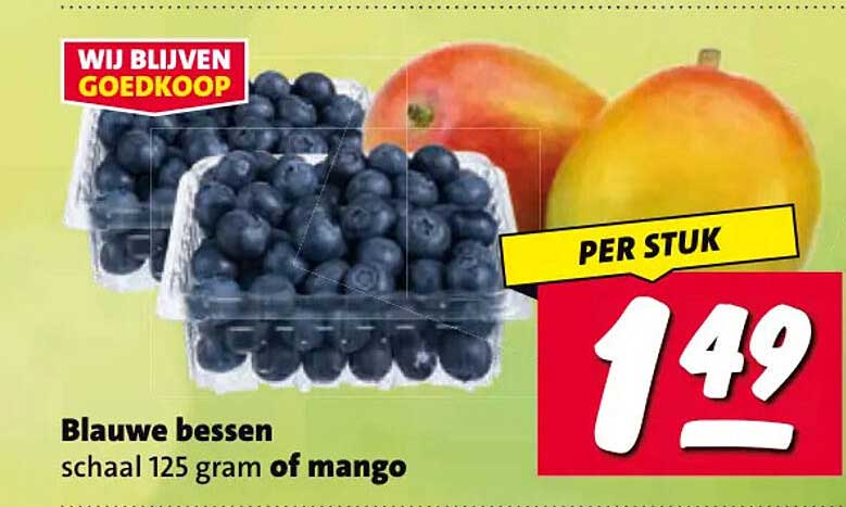 Blauwe bessen schaal 125 gram of mango PER STUK