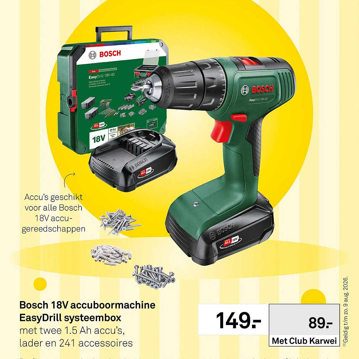 Bosch 18V accuboormachine EasyDrill systeembox met twee 1.5 Ah accu’s, lader en 241 accessoires
