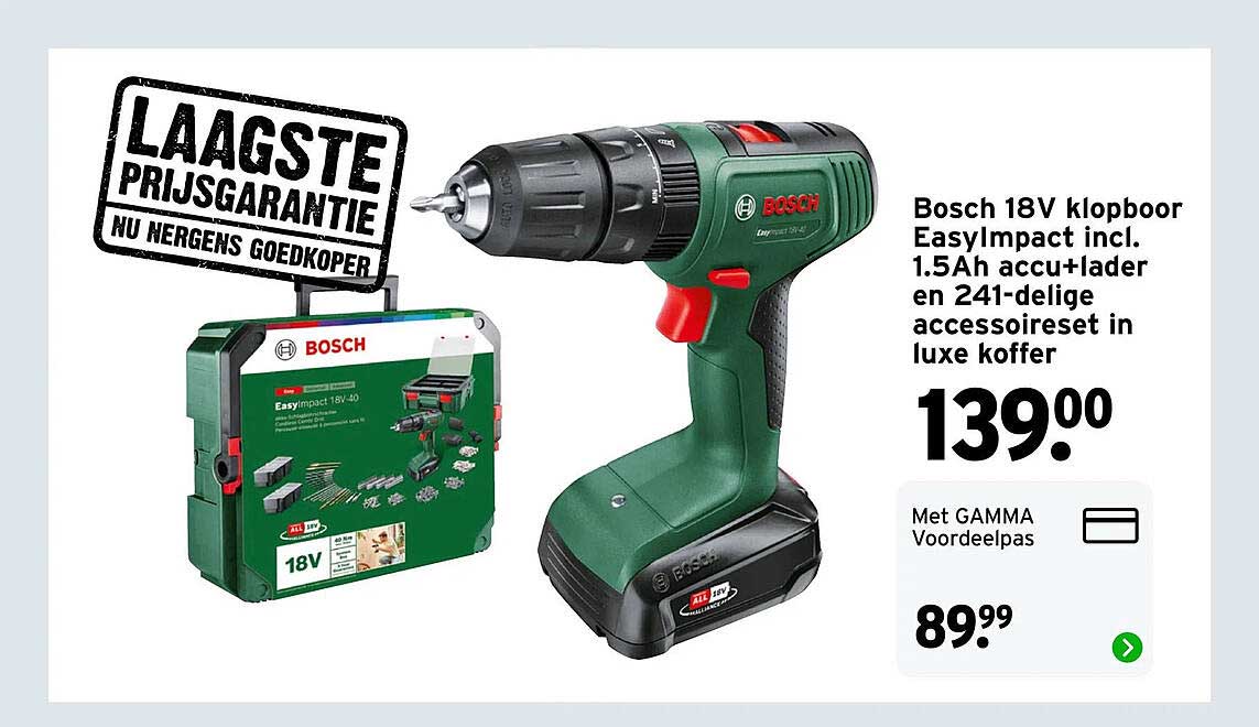 Bosch 18V klopboor EasyImpact incl. 1.5Ah accu+lader en 241-delige accessoireset in luxe koffer