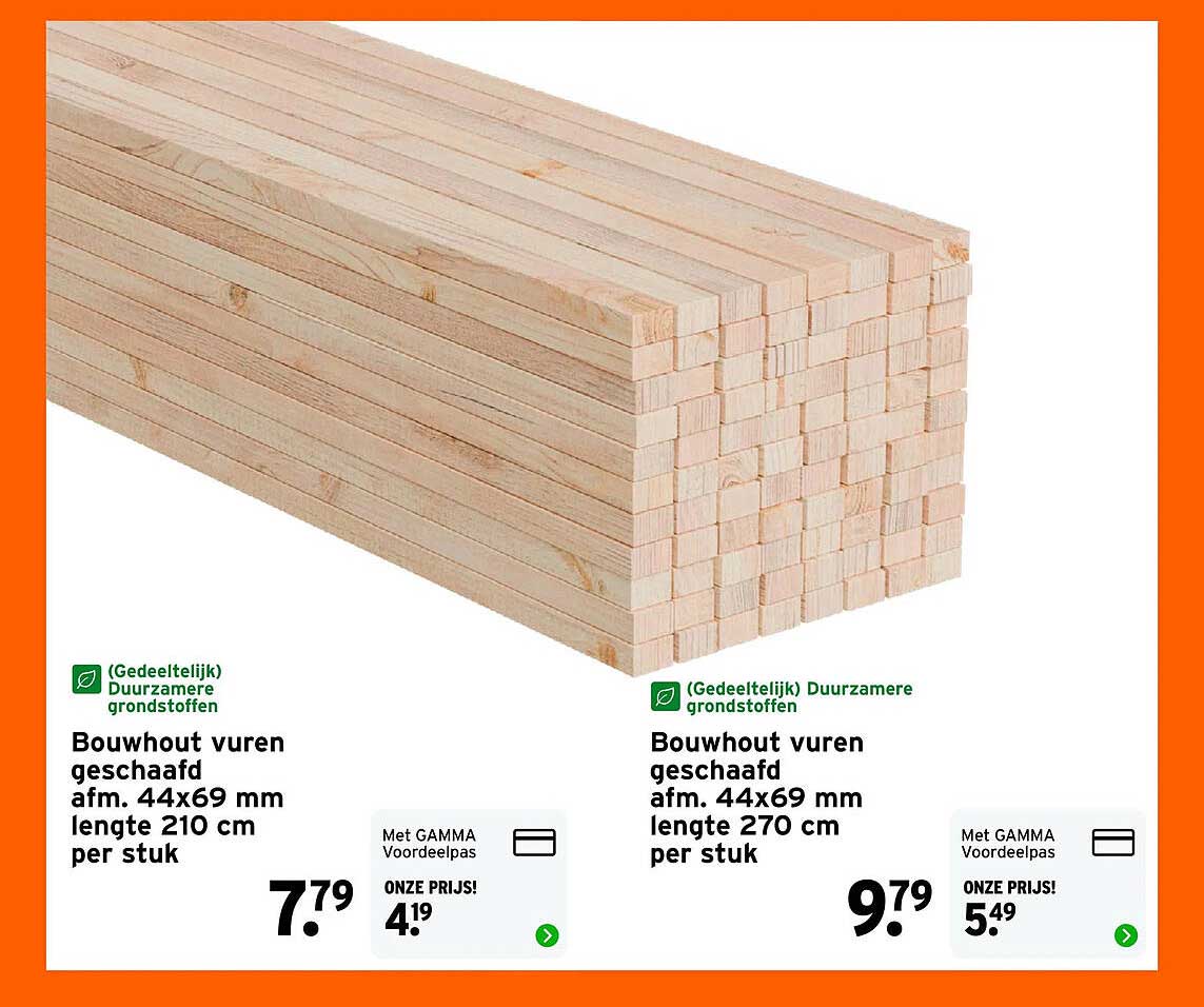 Bouwhout vuren geschaafd afm. 44x69 mm lengte 210 cm per stuk