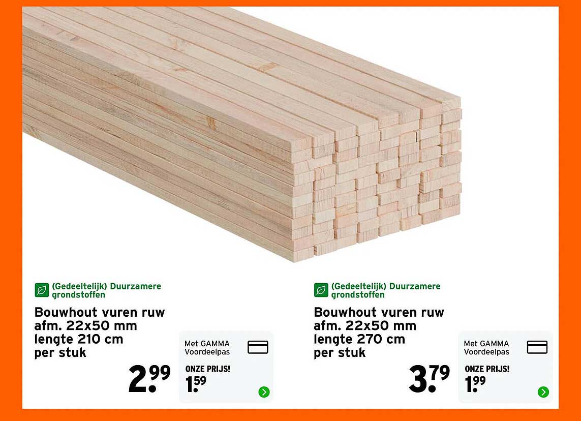 Bouwhout vuren ruw afm. 22x50 mm lengte 210 cm per stuk