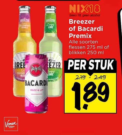 Breezer of Bacardi Premix Alle soorten flessen 275 ml of blikken 250 ml PER STUK