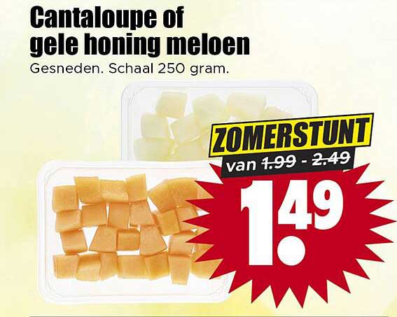 Cantaloupe of gele honing meloen Gesneden. Schaal 250 gram. ZOMERSTUNT