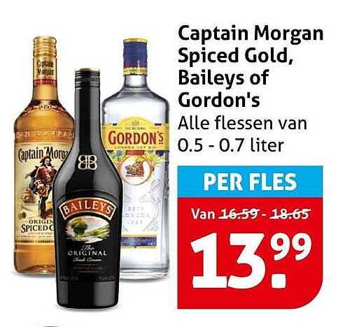 Captain Morgan Spiced Gold, Baileys of Gordon's Alle flessen van 0.5 - 0.7 liter PER FLES