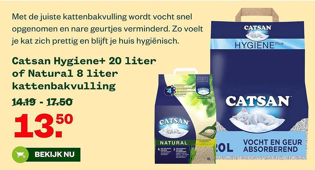 Catsan Hygiene+ 20 liter of Natural 8 liter kattenbakvulling