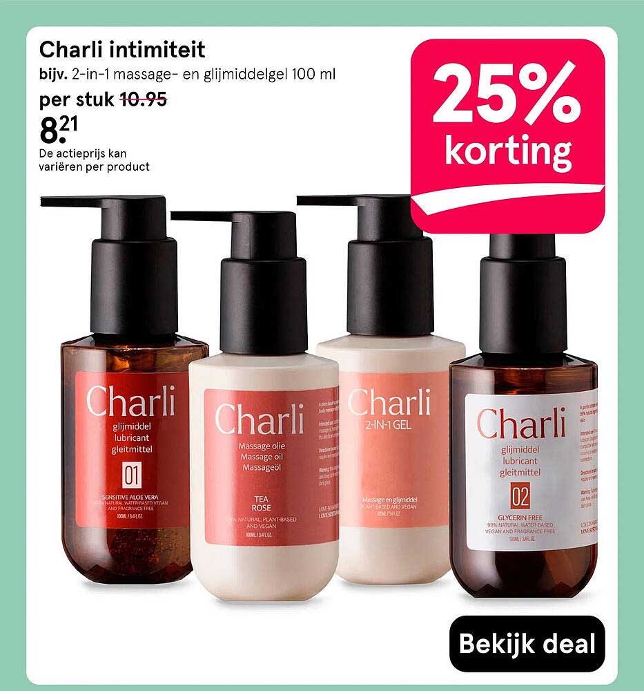 Charli intimiteit bijv. 2-in-1 massage- en glijmiddelgel 100 ml 25% korting