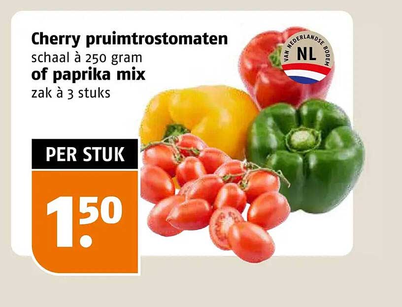 Cherry pruimtrostomaten schaal à 250 gram of paprika mix zak à 3 stuks