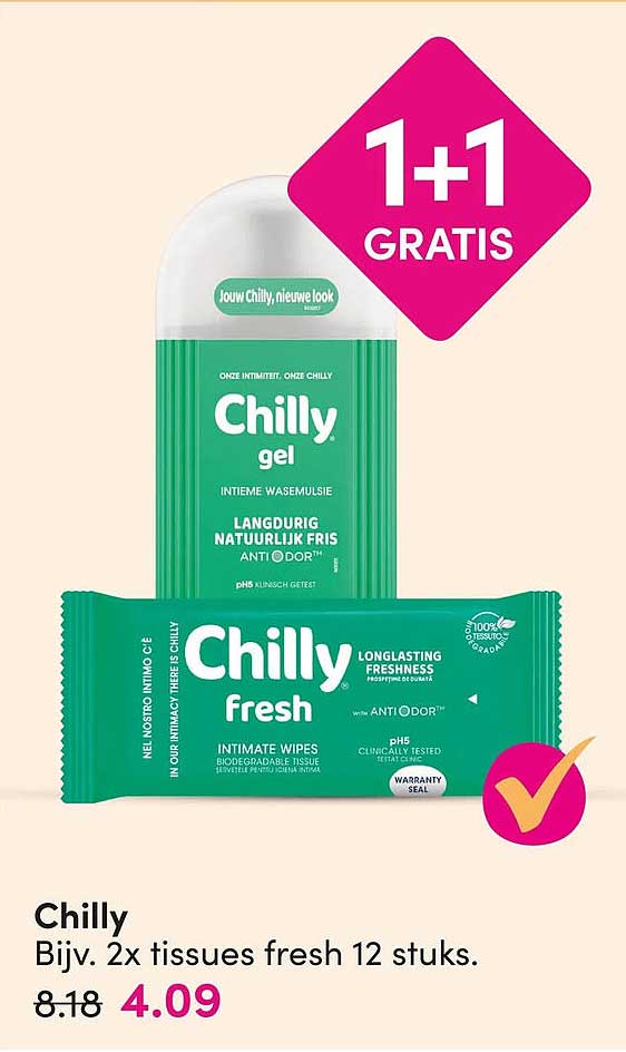 Chilly Bijv. 2x tissues fresh 12 stuks. 1+1 GRATIS
