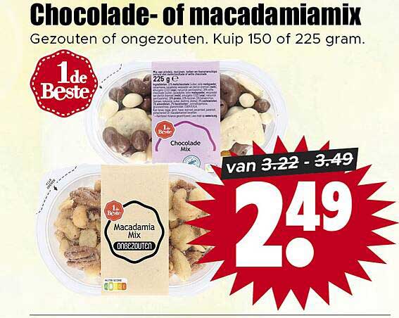 Chocolade- of macadamiamix Gezouten of ongezouten. Kuip 150 of 225 gram.