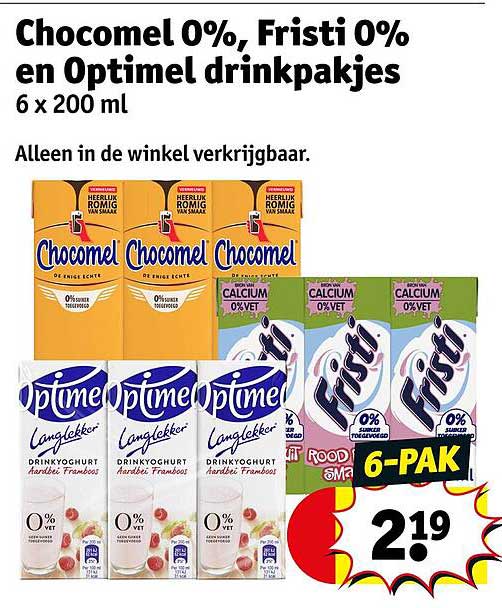 Chocomel 0%, Fristi 0% en Optimel drinkpakjes 6 x 200 ml