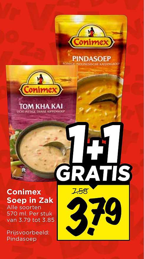 Conimex Soep in Zak Alle soorten 570 ml. Per stuk van 3.79 tot 3.85 1+1 GRATIS