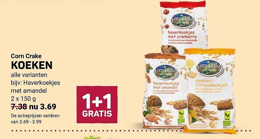 Corn Crake KOEKEN alle varianten bijv: Havermoutkoekjes met amandel 2 x 150 g 1+1 GRATIS