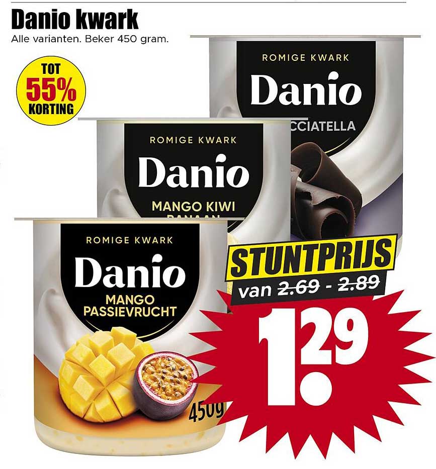Danio kwark Alle varianten. Beker 450 gram. STUNTPRIJS