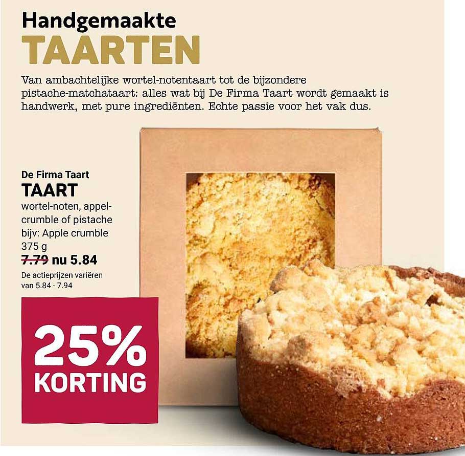 De Firma Taart TAART wortel-noten, appel-crumble of pistache bijz: Apple crumble 375 g 25% KORTING
