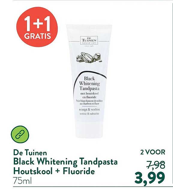 De Tuinen Black Whitening Tandpasta Houtskool + Fluoride 1+1 GRATIS