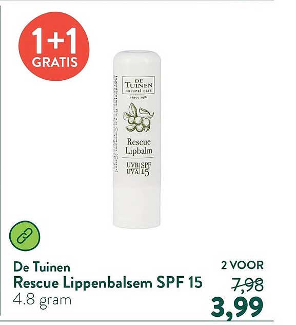 De Tuinen Rescue Lippenbalsem SPF 15 1+1 gratis