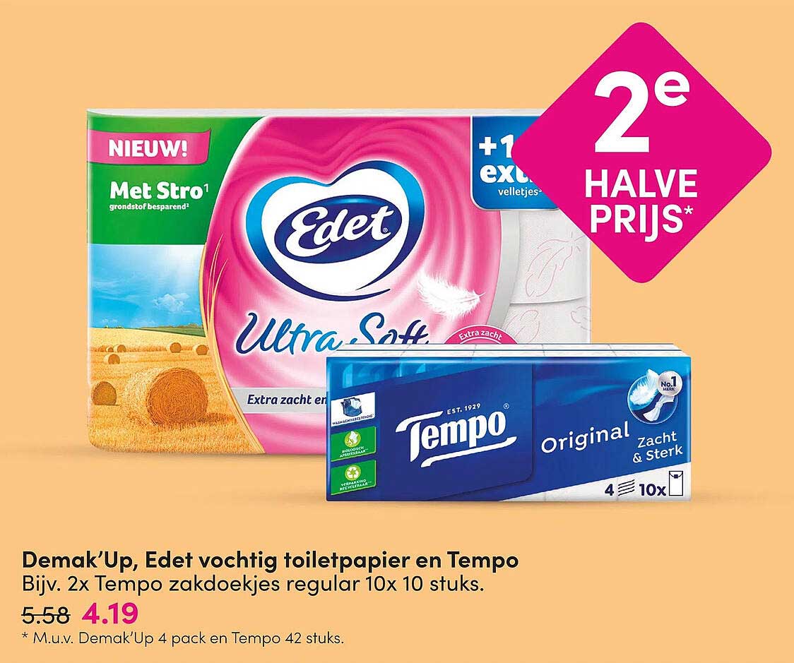 Demak'Up, Edet vochtig toiletpapier en Tempo 2e halve prijs