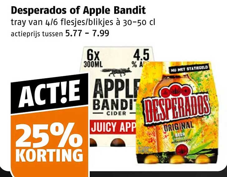 Desperados of Apple Bandit tray van 4/6 flesjes/blikjes à 30–50 cl actiekorting 25%