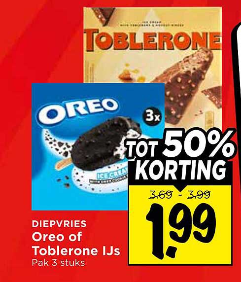 DIEPVRIES Oreo of Toblerone IJs Pak 3 stuks TOT 50% KORTING