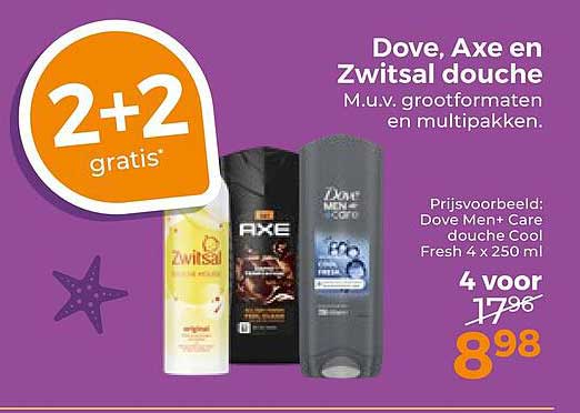 Dove, Axe en Zwitsal douche M.v.v. grootformaten en multipakken. 2+2 gratis