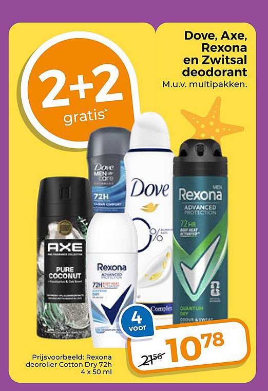 Dove, Axe, Rexona en Zwitsal deodorant 2+2 gratis