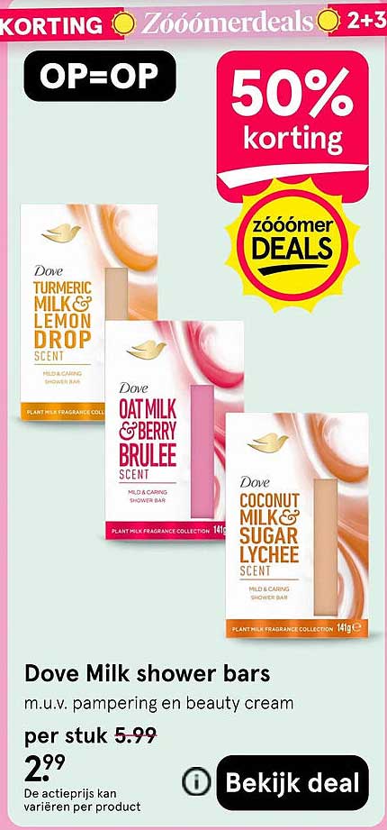 Dove Milk shower bars 50% korting