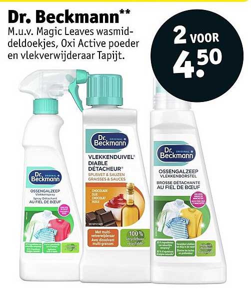 Dr. Beckmann** M.u.v. Magic Leaves wasmiddeldoekjes, Oxi Active poeder en vlekverwijderaar Tapijt. 2 voor 4.50