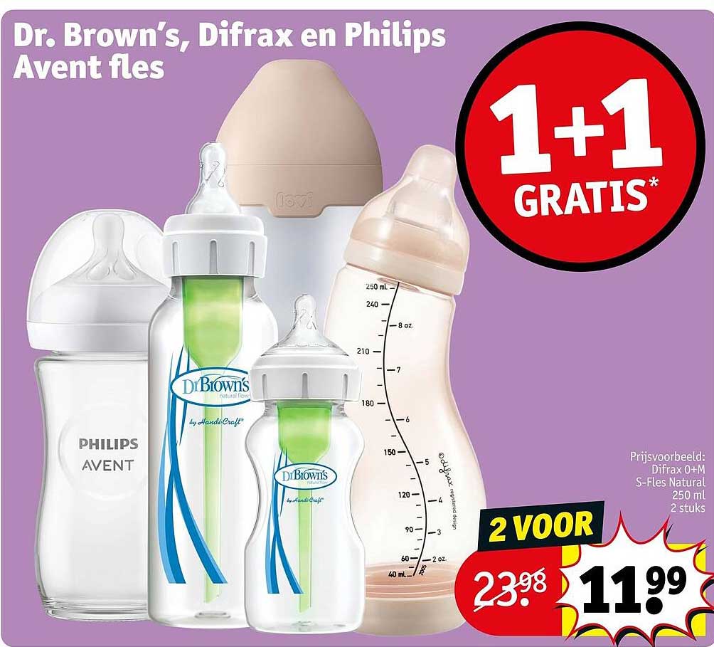 Dr. Brown’s, Difrax en Philips Avent fles 1+1 gratis