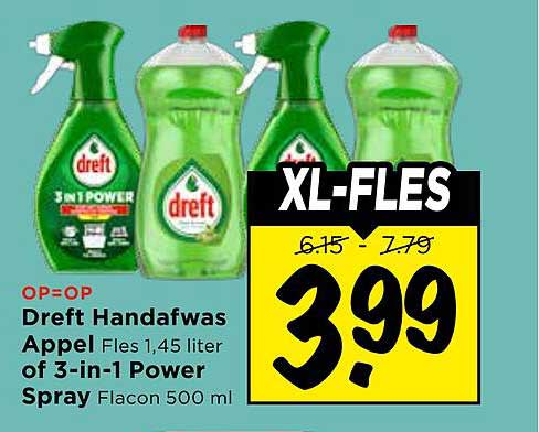 Dreft Handafwas Appel fles 1,45 liter of 3-in-1 Power Spray Flacon 500 ml XL-FLES
