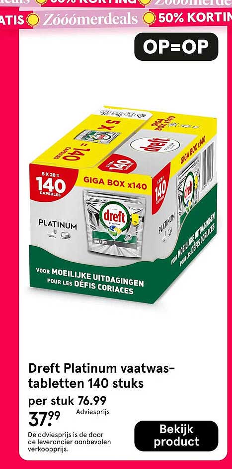 Dreft Platinum vaatwastabletten 140 stuks OP=OP