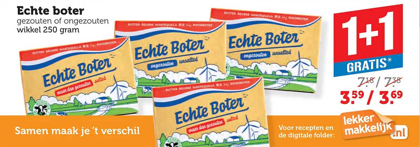 Echte boter gezouten of ongezouten wikkel 250 gram 1+1 GRATIS